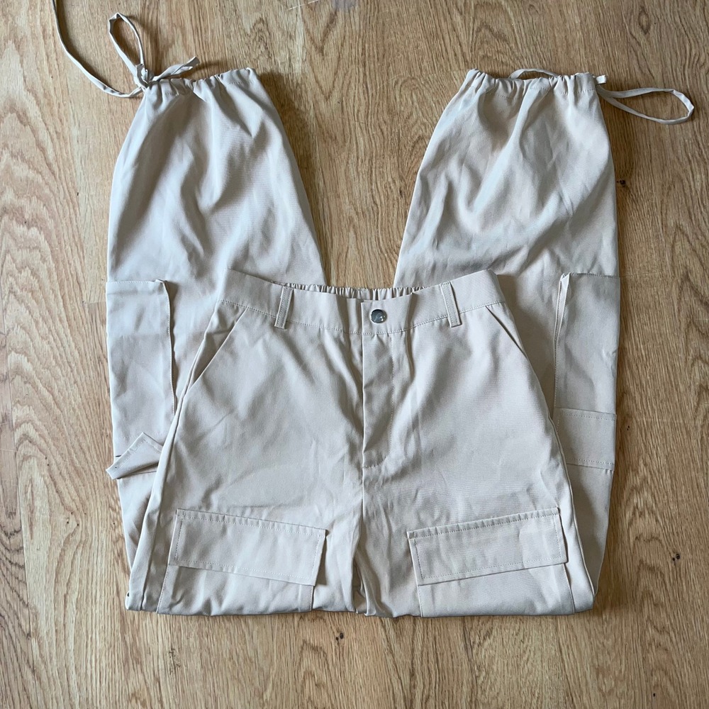 Beige High Waisted Cargo Utility Pants with Drawstring Cuffs Streetwear